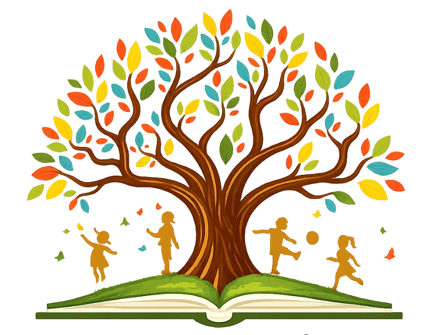 Tree of expression: children playing beneath a colourful tree growing from an open book